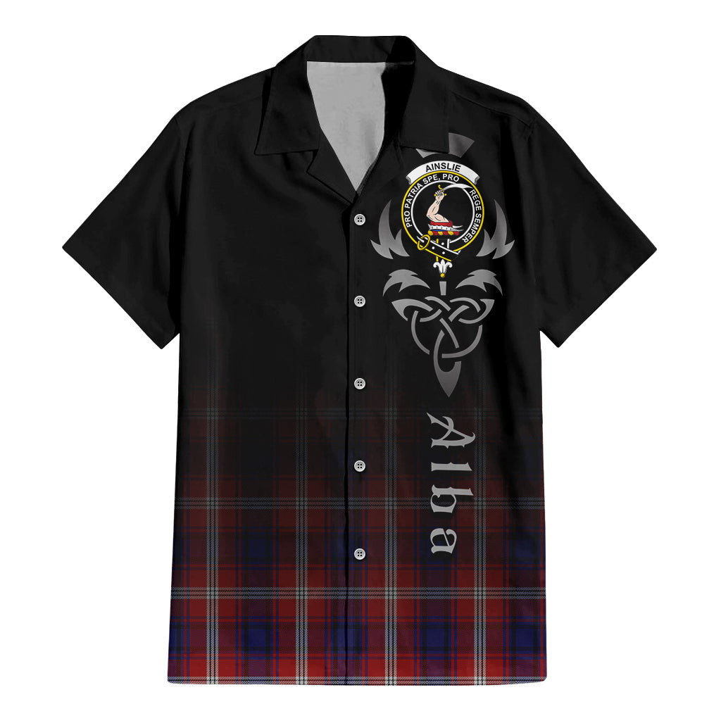 Tartan Vibes Clothing Ainslie Tartan Short Sleeve Button Up Featuring Alba Gu Brath Family Crest Celtic Inspired