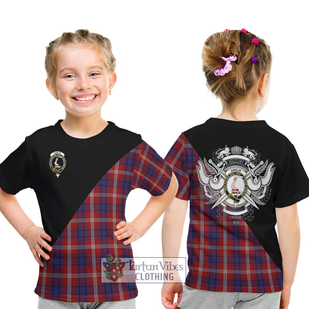 Ainslie Tartan Kid T-Shirt with Family Crest and Military Logo Style - Tartanvibesclothing Shop