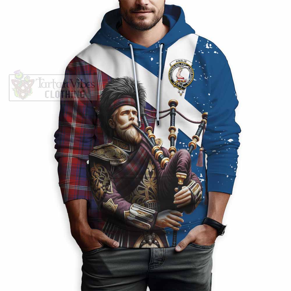 Tartan Vibes Clothing Ainslie Tartan Hoodie with Family Crest Scottish Bagpiper Vibes