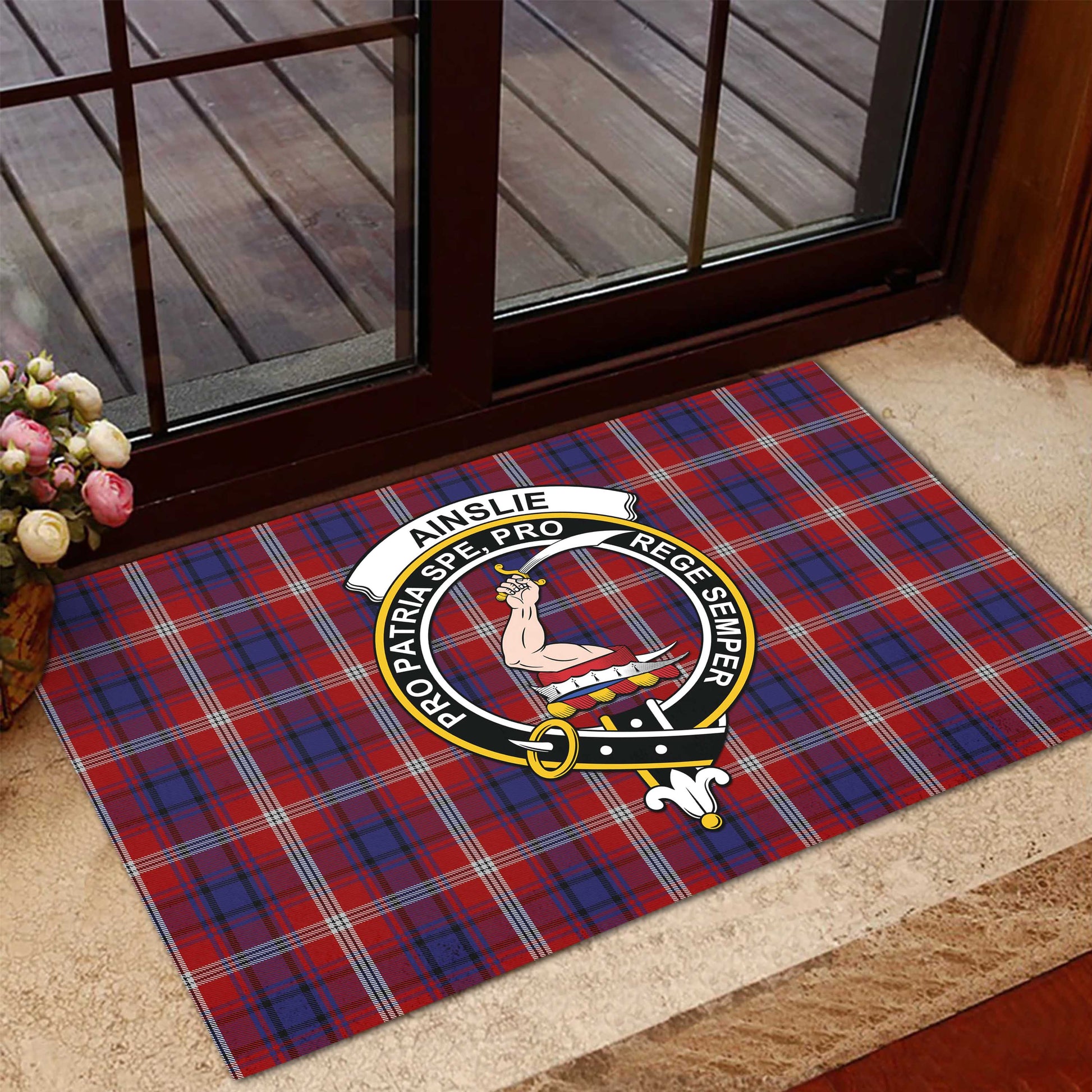 Ainslie Tartan Door Mat with Family Crest - Tartanvibesclothing