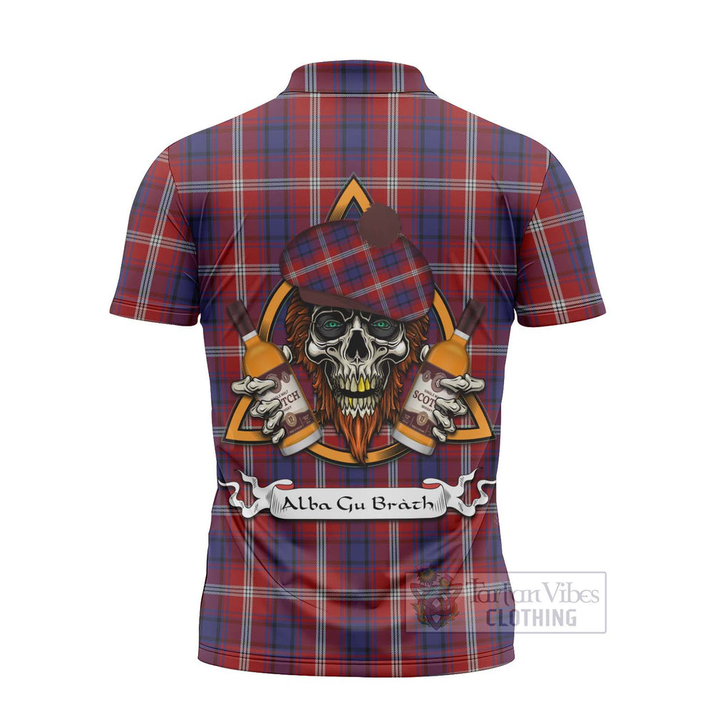 Tartan Vibes Clothing Ainslie Tartan Zipper Polo Shirt with Family Crest and Bearded Skull Holding Bottles of Whiskey