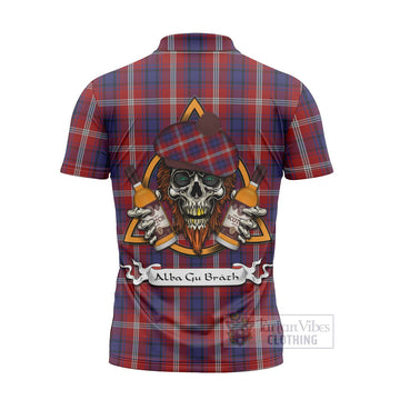 Ainslie Tartan Zipper Polo Shirt with Family Crest and Bearded Skull Holding Bottles of Whiskey