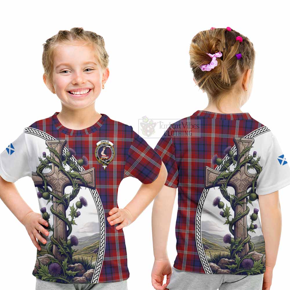 Tartan Vibes Clothing Ainslie Tartan Kid T-Shirt with Family Crest and St. Andrew's Cross Accented by Thistle Vines