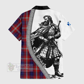 Ainslie Tartan Clan Crest Short Sleeve Button Shirt with Highlander Warrior Celtic Style