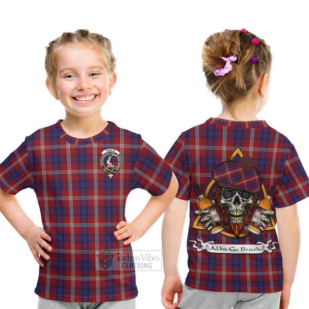 Tartan Vibes Clothing Ainslie Tartan Kid T-Shirt with Family Crest and Bearded Skull Holding Bottles of Whiskey