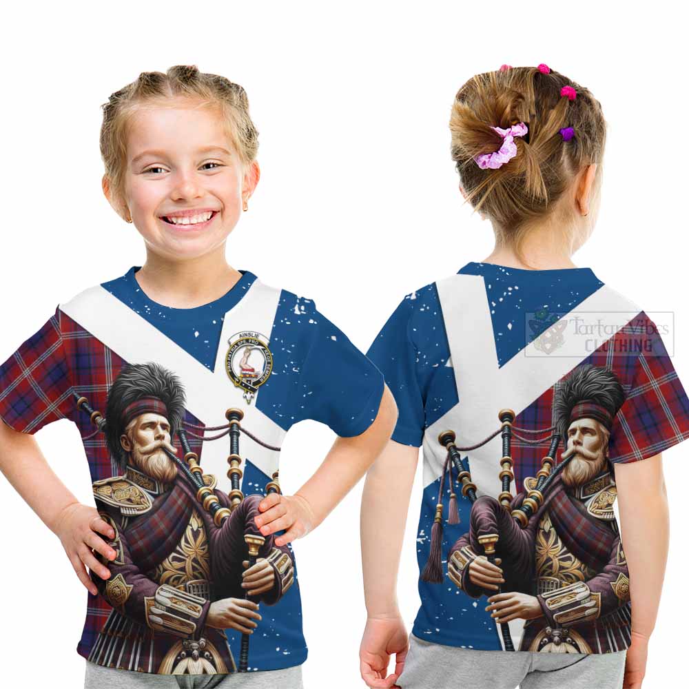 Tartan Vibes Clothing Ainslie Tartan Kid T-Shirt with Family Crest Scottish Bagpiper Vibes