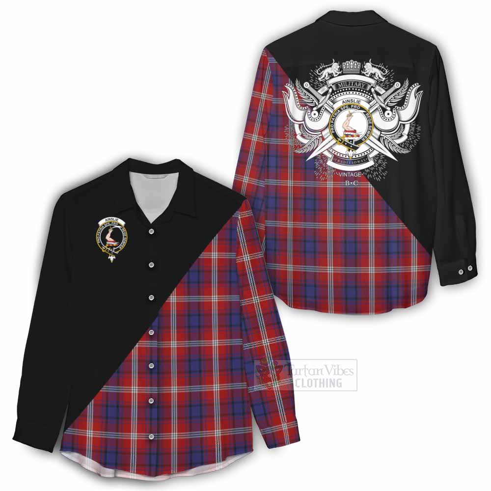 Tartan Vibes Clothing Ainslie Tartan Women's Casual Shirt with Family Crest and Military Logo Style