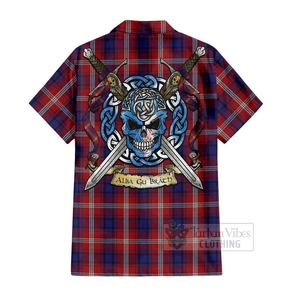 Tartan Vibes Clothing Ainslie Tartan Short Sleeve Button Shirt with Family Crest Celtic Skull Style