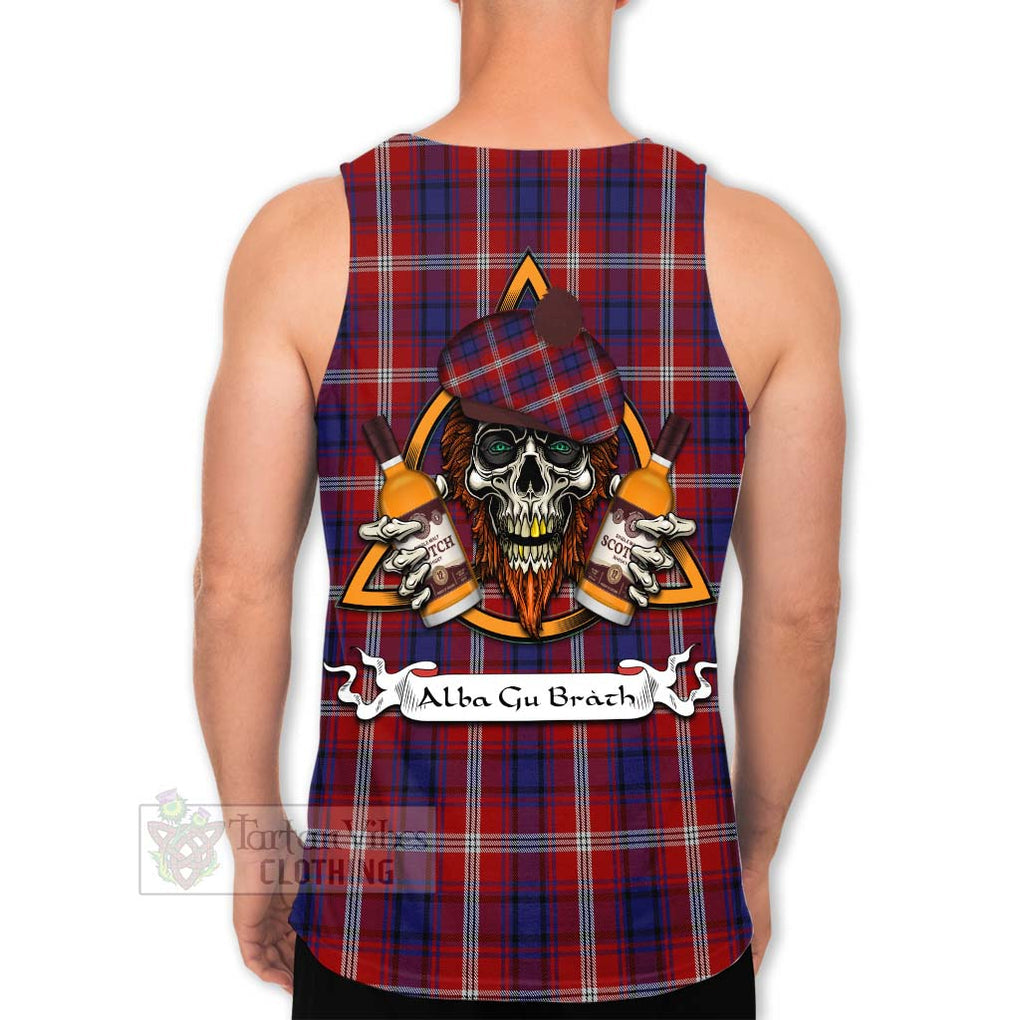 Tartan Vibes Clothing Ainslie Tartan Men's Tank Top with Family Crest and Bearded Skull Holding Bottles of Whiskey