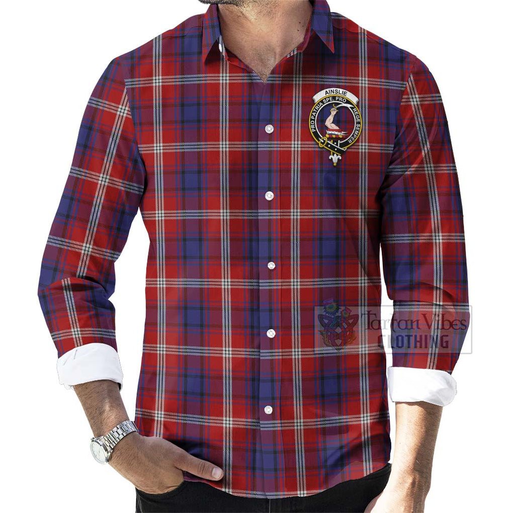 Tartan Vibes Clothing Ainslie Tartan Long Sleeve Button Shirt with Family Crest Celtic Skull Style