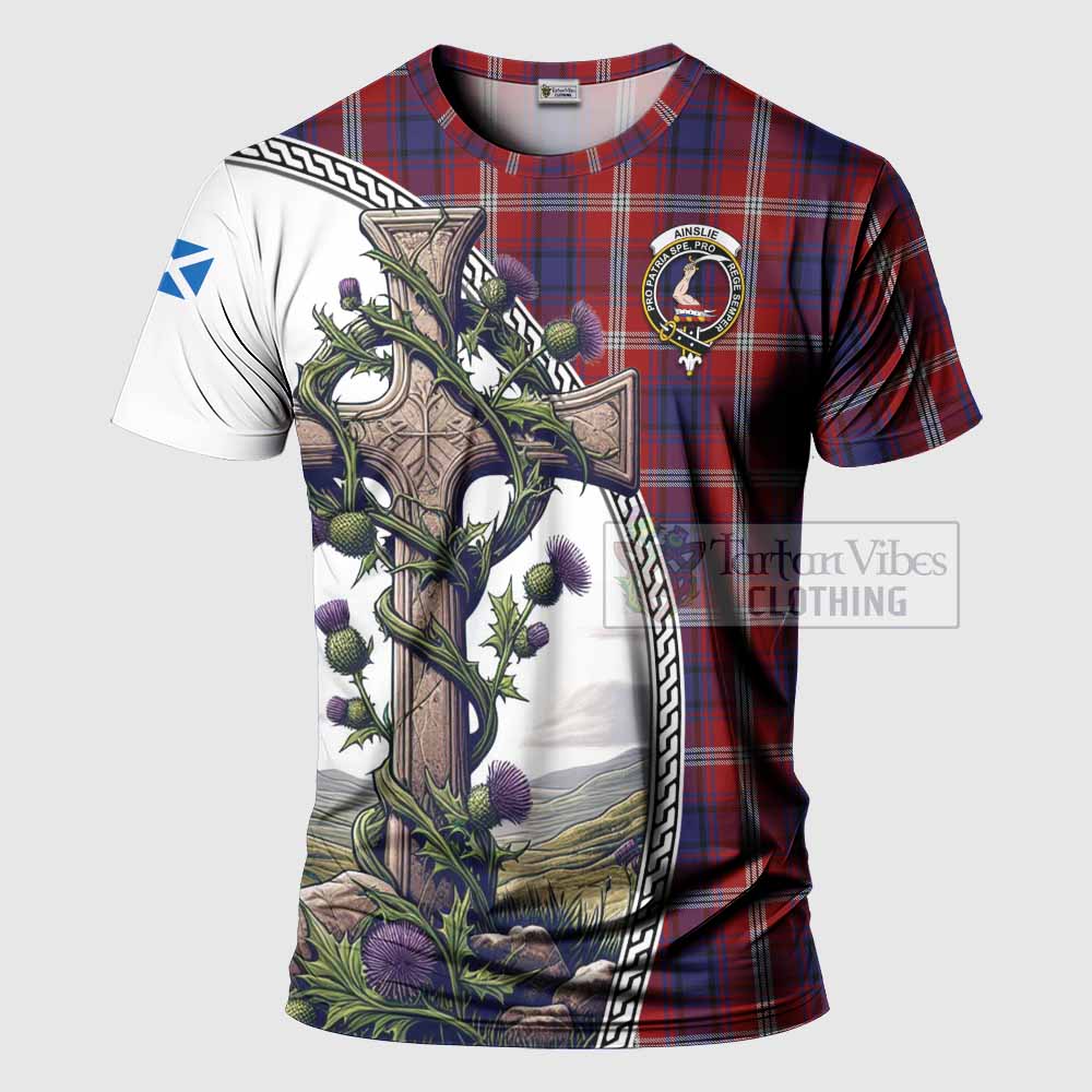 Tartan Vibes Clothing Ainslie Agnew Tartan T-Shirt with Family Crest and St. Andrew's Cross Accented by Thistle Vines