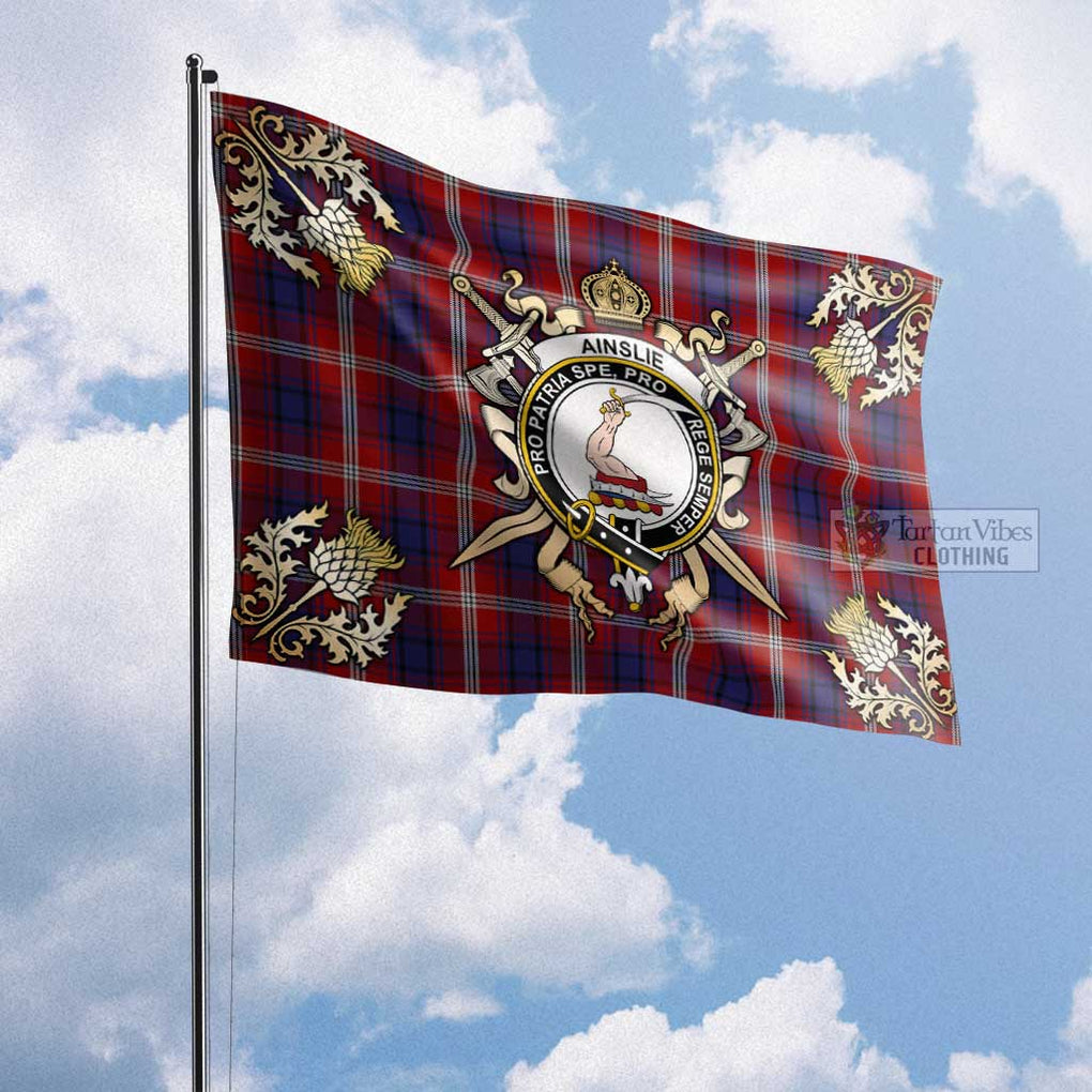 Tartan Vibes Clothing Ainslie Tartan Flag with Family Crest and Golden Thistle Crossed Sword Design