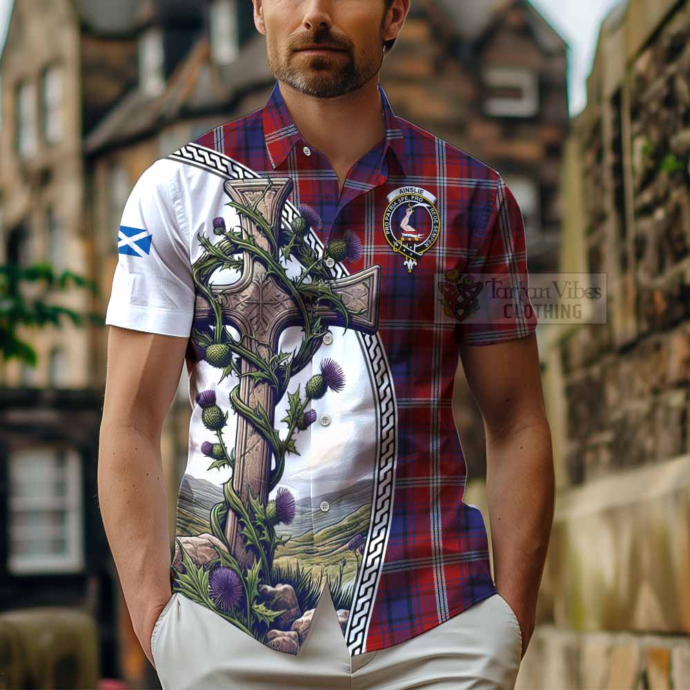 Tartan Vibes Clothing Ainslie Tartan Short Sleeve Button Shirt with Family Crest and St. Andrew's Cross Accented by Thistle Vines