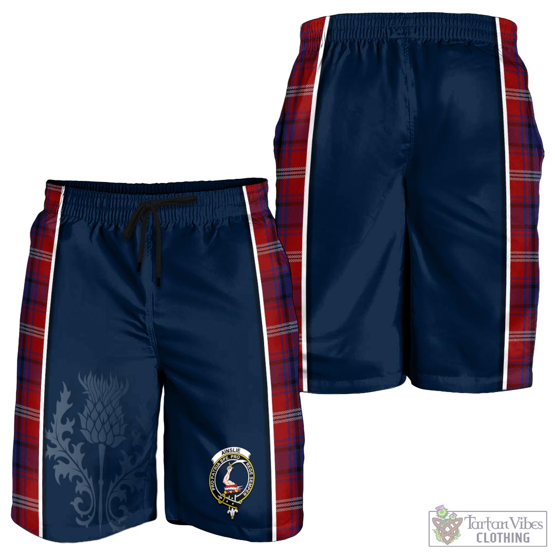 Tartan Vibes Clothing Ainslie Tartan Men's Shorts with Family Crest and Scottish Thistle Vibes Sport Style