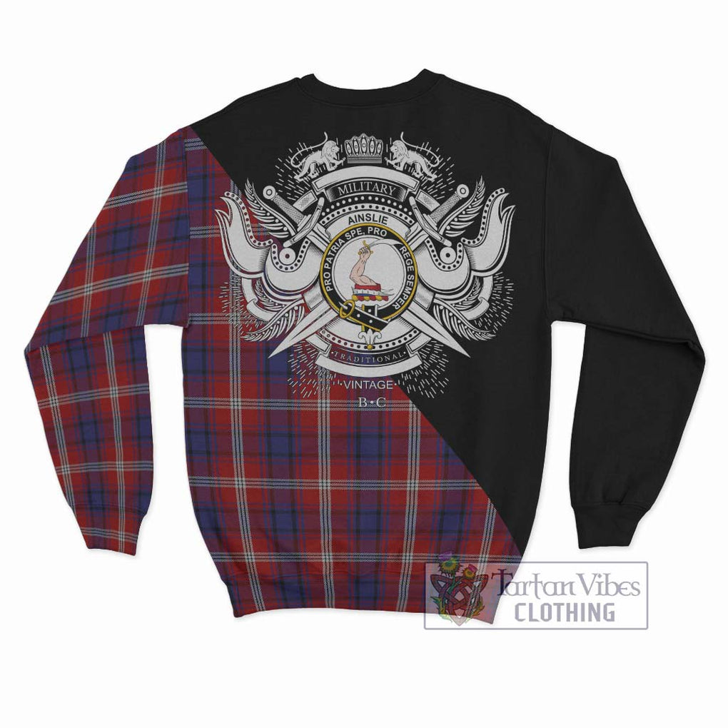 Ainslie Tartan Sweatshirt with Family Crest and Military Logo Style - Tartanvibesclothing Shop