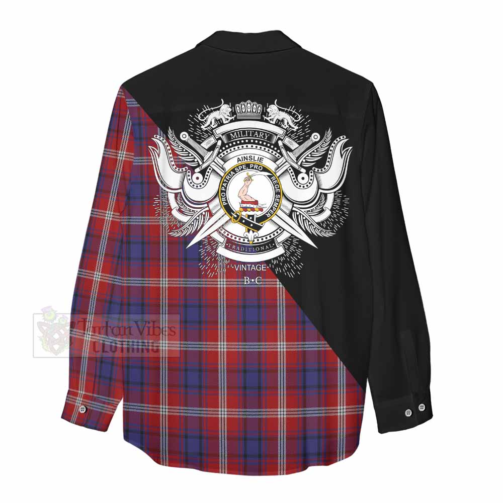 Tartan Vibes Clothing Ainslie Tartan Women's Casual Shirt with Family Crest and Military Logo Style