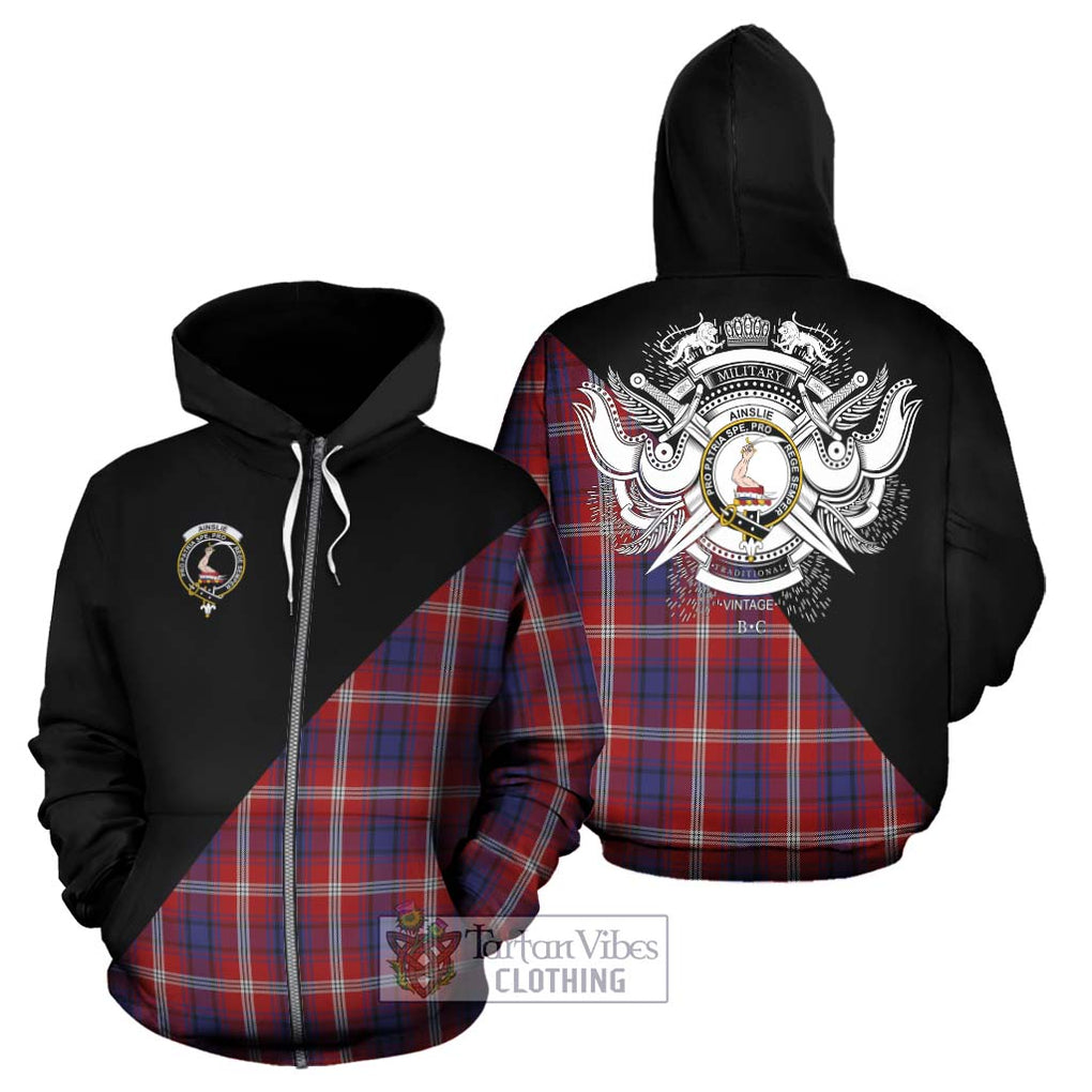 Ainslie Tartan Hoodie with Family Crest and Military Logo Style - Tartanvibesclothing Shop