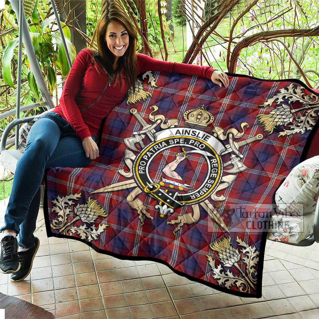 Tartan Vibes Clothing Ainslie Tartan Quilt with Family Crest and Scottish Golden Courage Shield