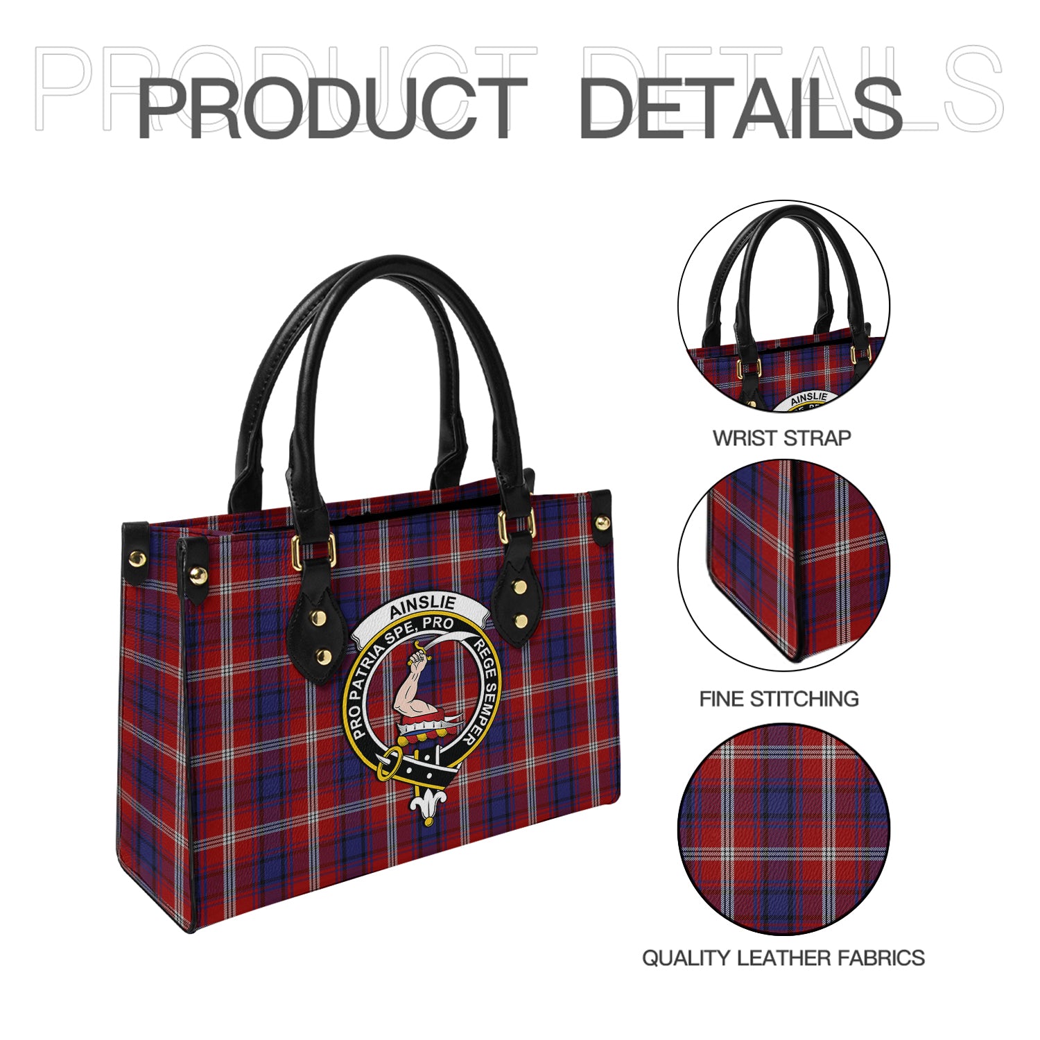 Ainslie Tartan Leather Bag with Family Crest - Tartanvibesclothing