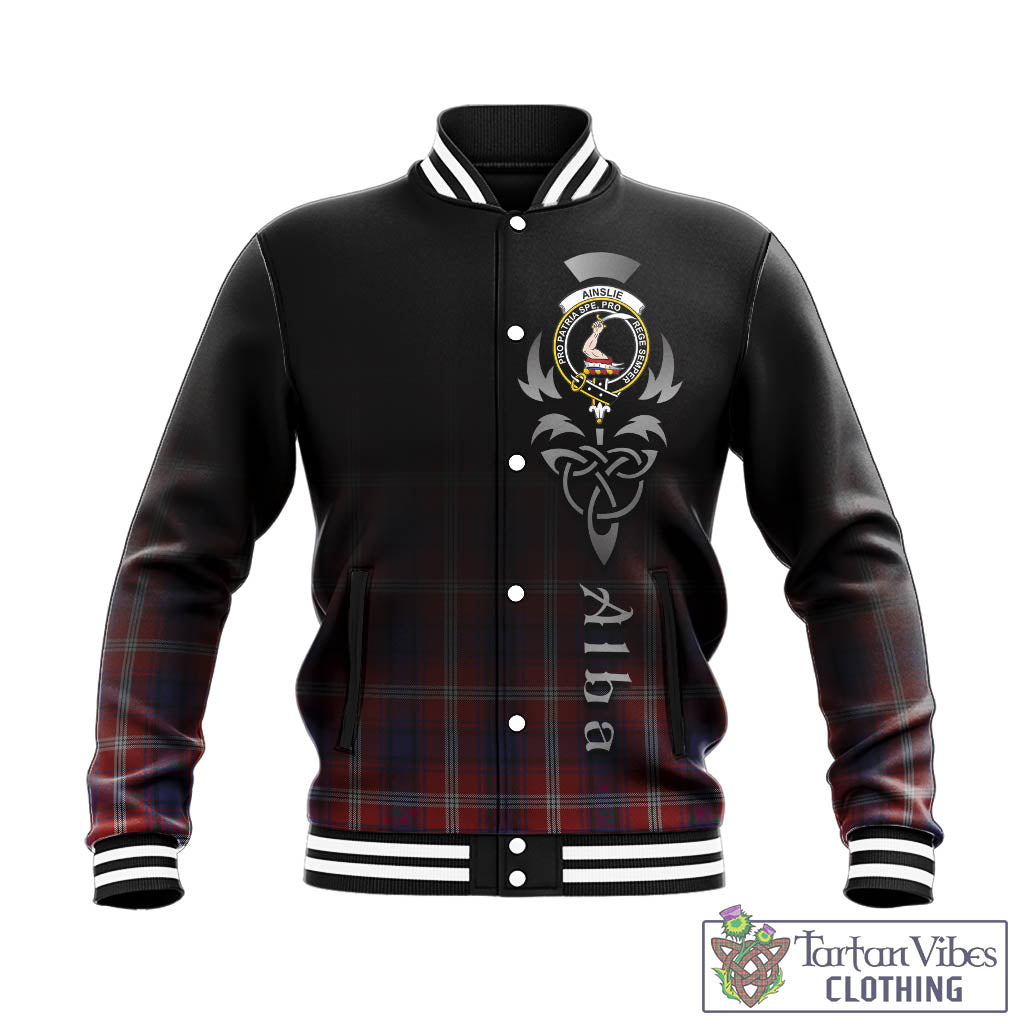 Tartan Vibes Clothing Ainslie Tartan Baseball Jacket Featuring Alba Gu Brath Family Crest Celtic Inspired