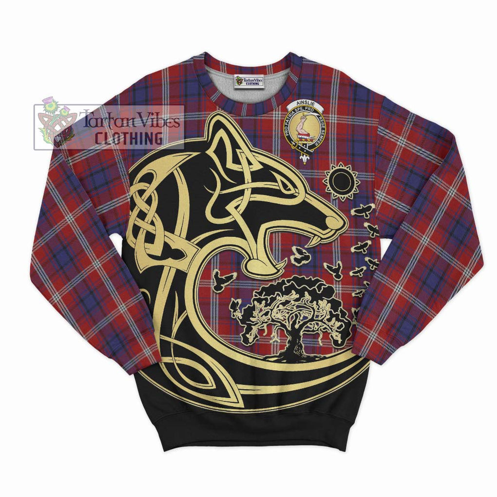 Ainslie Tartan Sweatshirt with Family Crest Celtic Wolf Style - Tartan Vibes Clothing