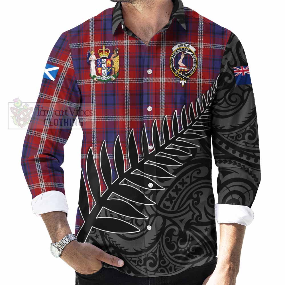 Tartan Vibes Clothing Ainslie Crest Tartan Long Sleeve Button Shirt with New Zealand Silver Fern Half Style