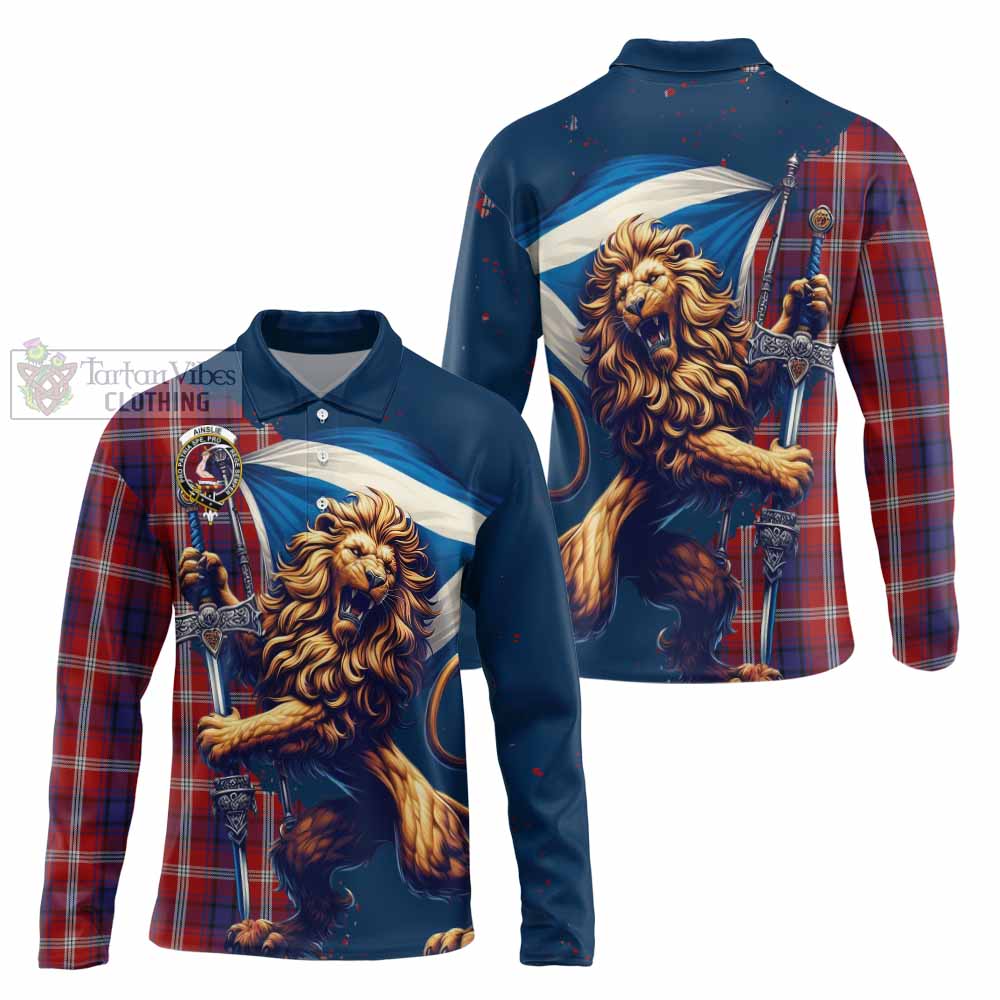 Tartan Vibes Clothing Ainslie Tartan Family Crest Long Sleeve Polo Shirt with Scottish Majestic Lion