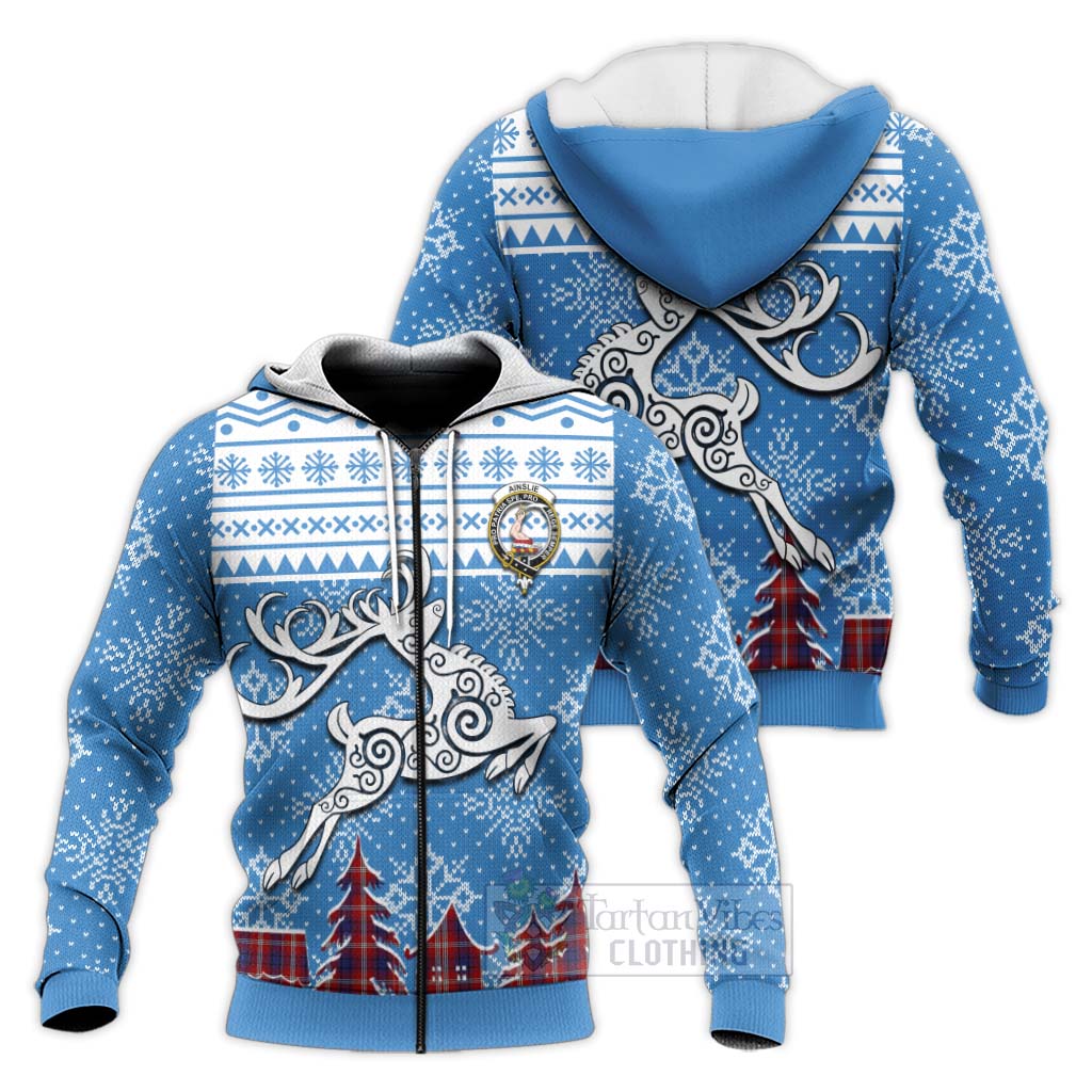 Tartan Vibes Clothing Ainslie Clan Christmas Knitted Hoodie Celtic Reindeer Style