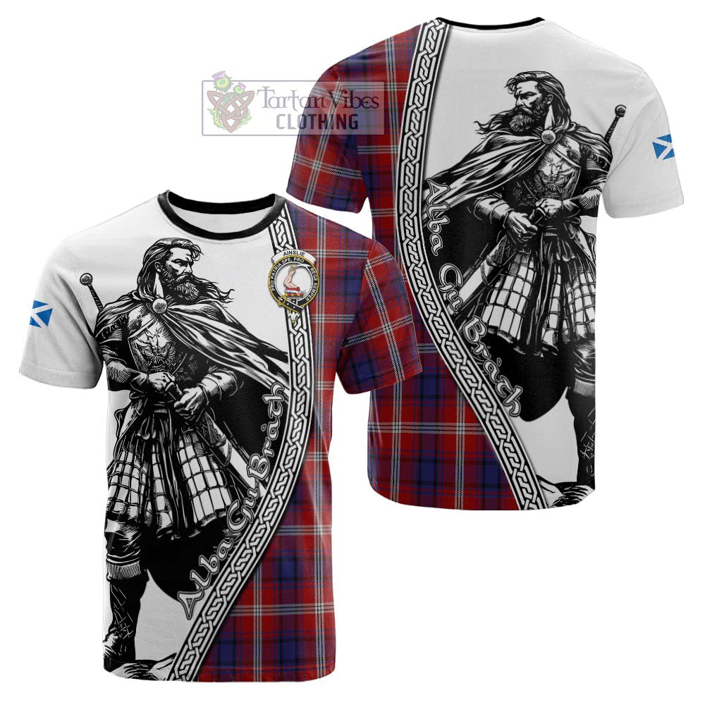 Ainslie Tartan Clan Crest Cotton T-shirt with Highlander Warrior Celtic Style