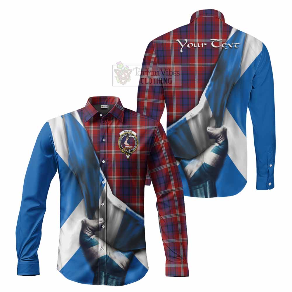 Tartan Vibes Clothing Ainslie Tartan Long Sleeve Button Shirt with Family Crest Scotland Patriotic Style