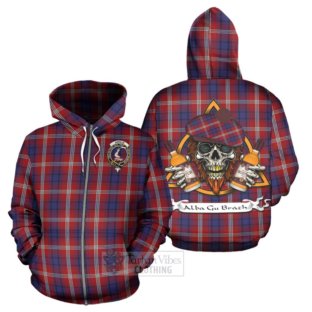 Tartan Vibes Clothing Ainslie Tartan Hoodie with Family Crest and Bearded Skull Holding Bottles of Whiskey