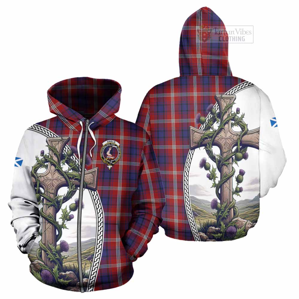 Tartan Vibes Clothing Ainslie Tartan Hoodie with Family Crest and St. Andrew's Cross Accented by Thistle Vines