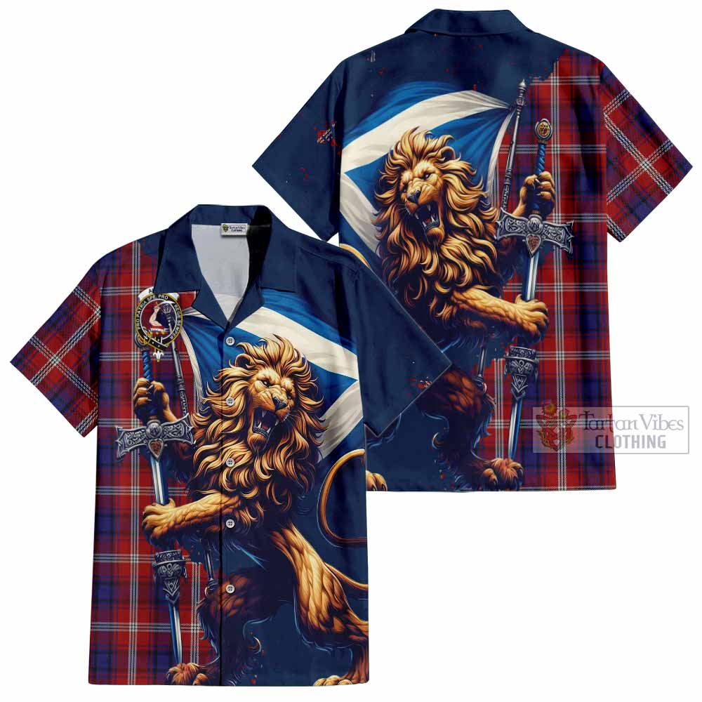 Tartan Vibes Clothing Ainslie Tartan Family Crest Short Sleeve Button Shirt with Scottish Majestic Lion