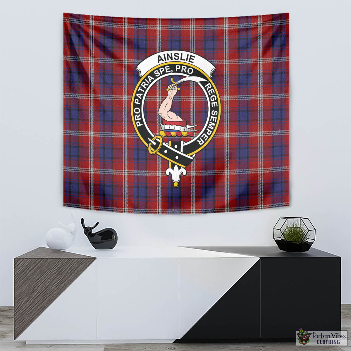 Tartan Vibes Clothing Ainslie Tartan Tapestry Wall Hanging and Home Decor for Room with Family Crest