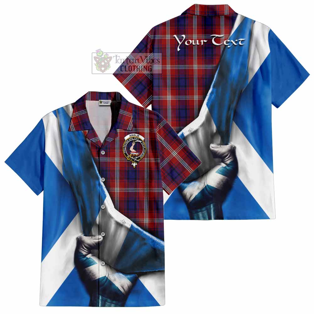 Tartan Vibes Clothing Ainslie Tartan Short Sleeve Button Shirt with Family Crest Scotland Patriotic Style