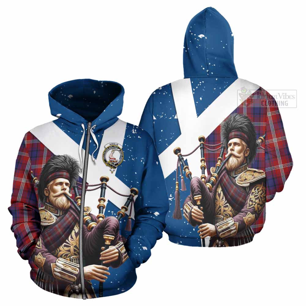 Tartan Vibes Clothing Ainslie Tartan Hoodie with Family Crest Scottish Bagpiper Vibes