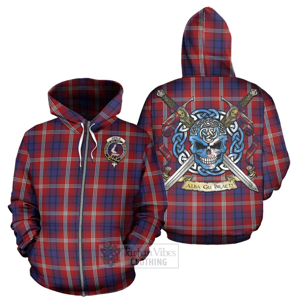 Tartan Vibes Clothing Ainslie Tartan Hoodie with Family Crest Celtic Skull Style