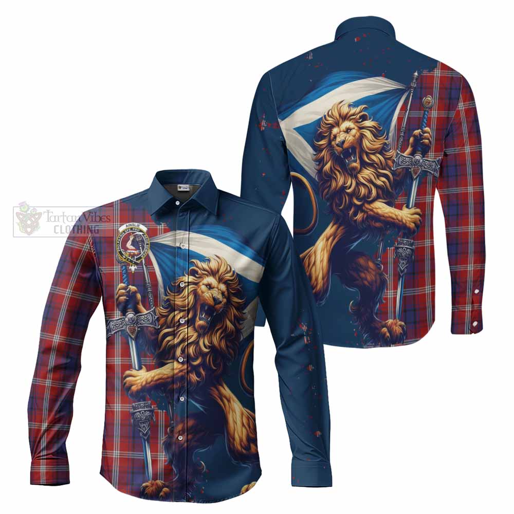 Tartan Vibes Clothing Ainslie Tartan Family Crest Long Sleeve Button Shirt with Scottish Majestic Lion