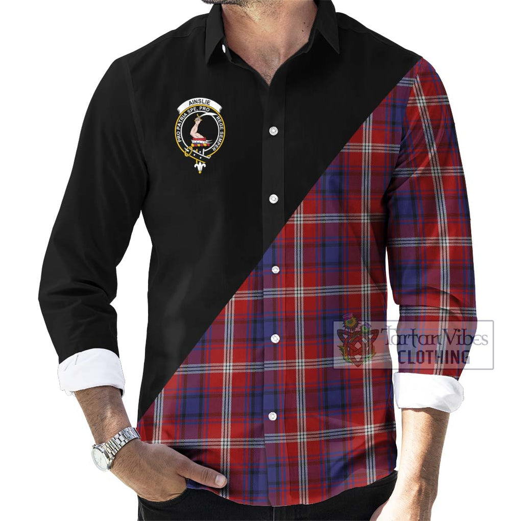 Ainslie Tartan Long Sleeve Button Shirt with Family Crest and Military Logo Style - Tartanvibesclothing Shop