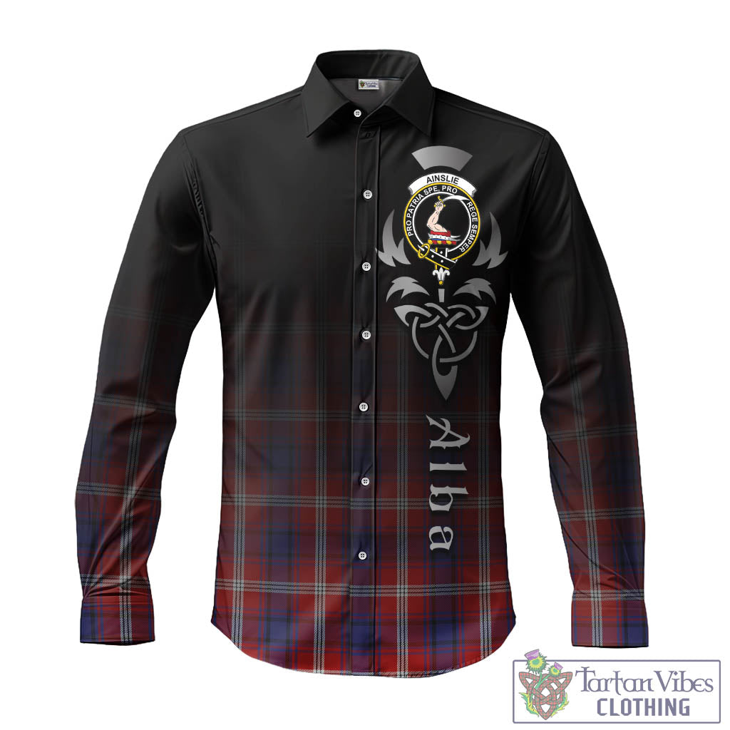 Tartan Vibes Clothing Ainslie Tartan Long Sleeve Button Up Featuring Alba Gu Brath Family Crest Celtic Inspired