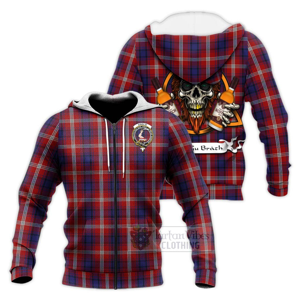 Tartan Vibes Clothing Ainslie Tartan Knitted Hoodie with Family Crest and Bearded Skull Holding Bottles of Whiskey