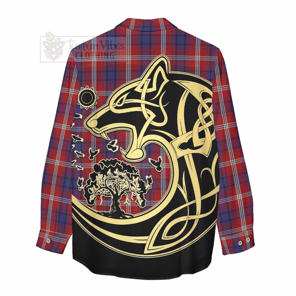 Tartan Vibes Clothing Ainslie Tartan Women's Casual Shirt with Family Crest Celtic Wolf Style