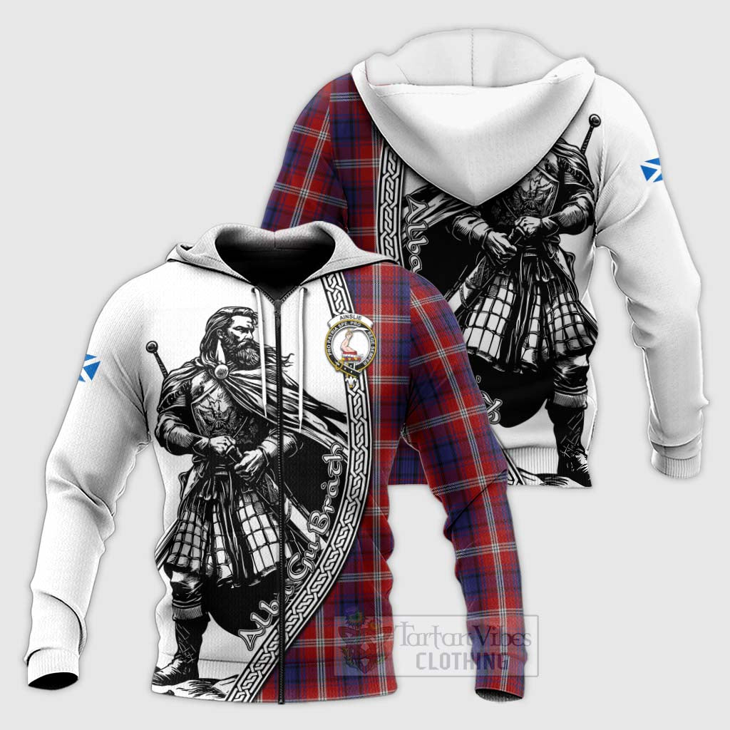 Tartan Vibes Clothing Ainslie Tartan Clan Crest Knitted Hoodie with Highlander Warrior Celtic Style