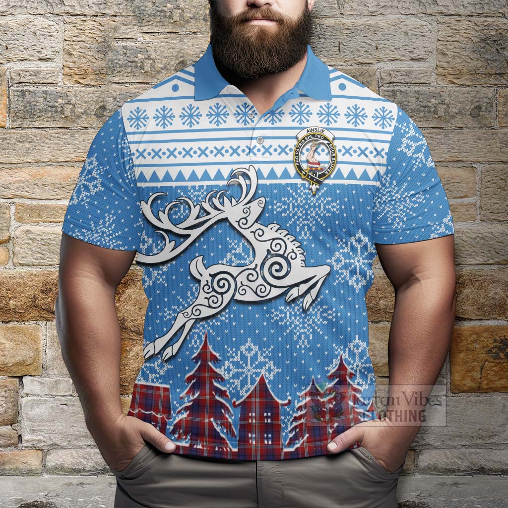 Tartan Vibes Clothing Ainslie Clan Christmas Polo Shirt Celtic Reindeer Style