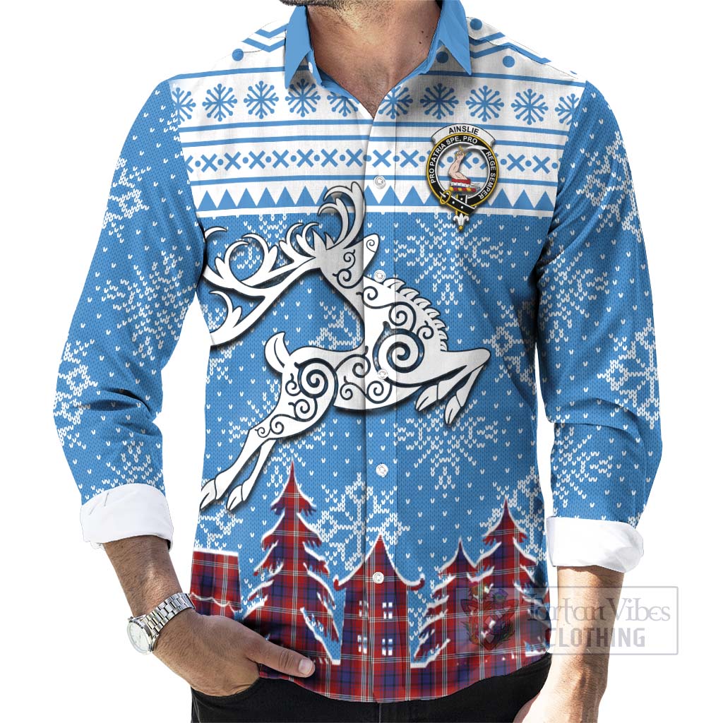 Tartan Vibes Clothing Ainslie Clan Christmas Long Sleeve Button Shirt Celtic Reindeer Style