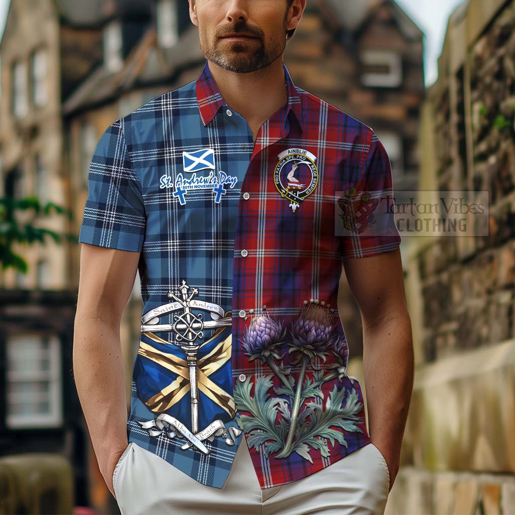 Tartan Vibes Clothing Ainslie Tartan Short Sleeve Button Shirt Happy St. Andrew's Day Half Tartan Style