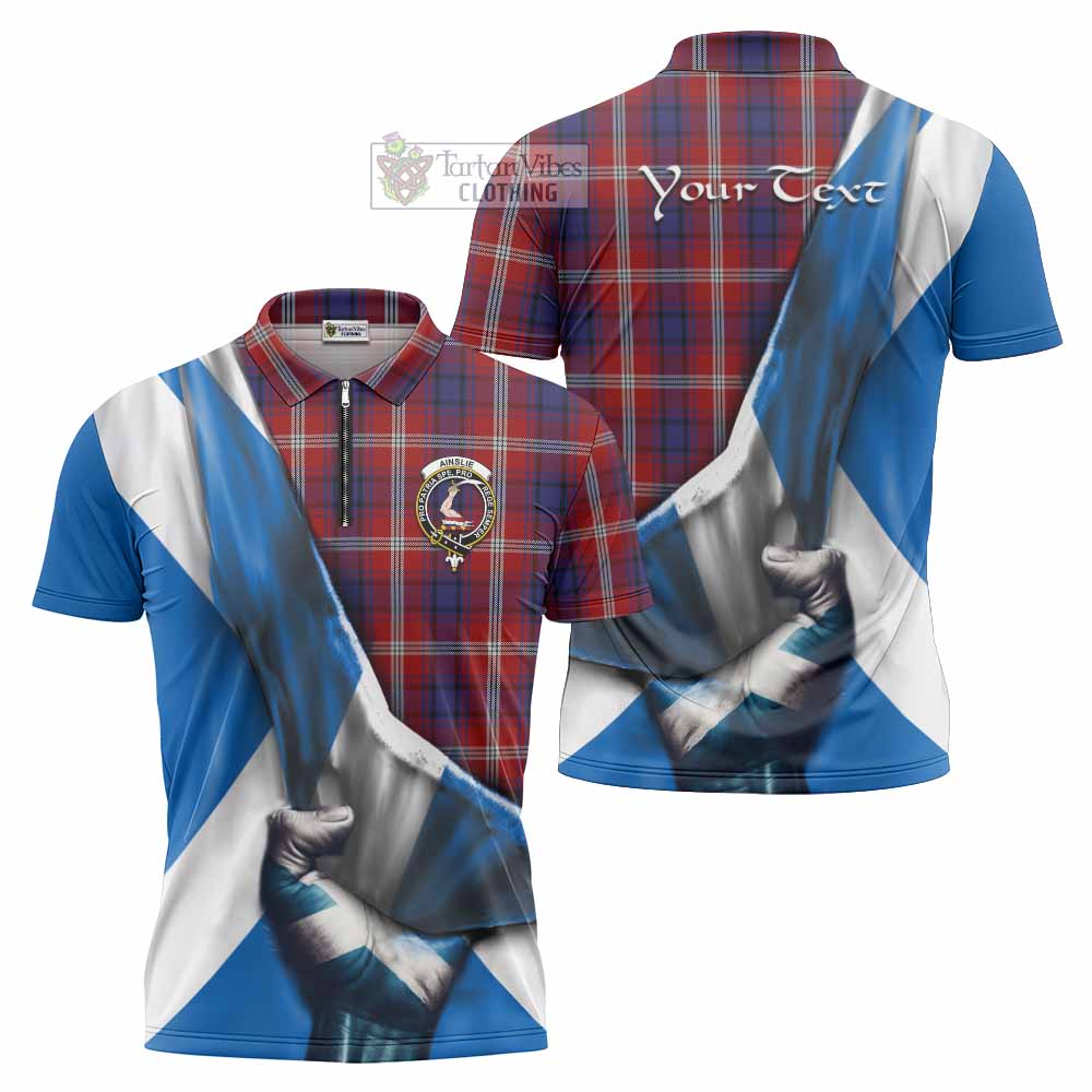 Tartan Vibes Clothing Ainslie Tartan Zipper Polo Shirt with Family Crest Scotland Patriotic Style