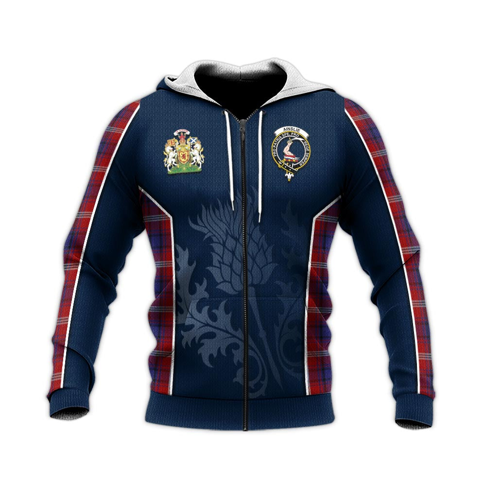 Tartan Vibes Clothing Ainslie Tartan Knitted Hoodie with Family Crest and Scottish Thistle Vibes Sport Style