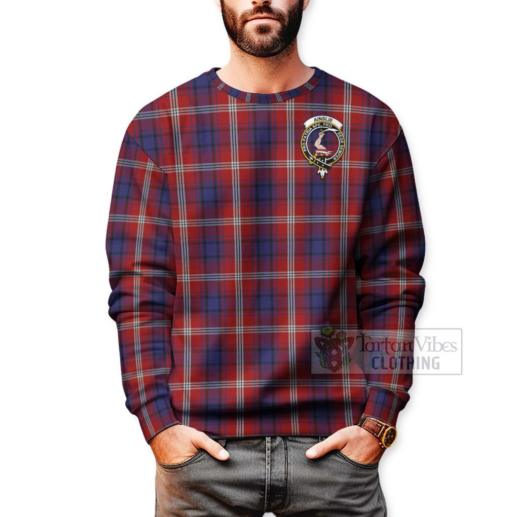 Tartan Vibes Clothing Ainslie Tartan Sweatshirt with Family Crest and Bearded Skull Holding Bottles of Whiskey