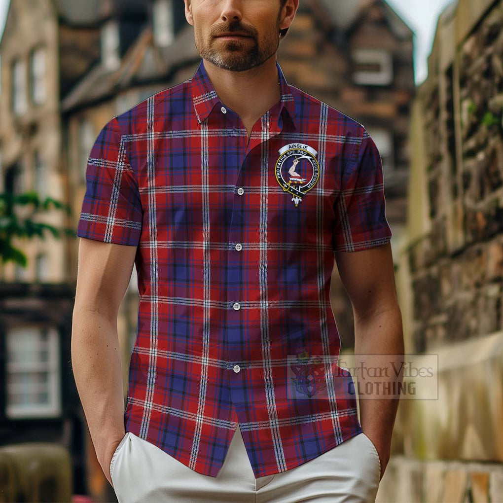 Tartan Vibes Clothing Ainslie Tartan Short Sleeve Button Shirt with Family Crest and Bearded Skull Holding Bottles of Whiskey